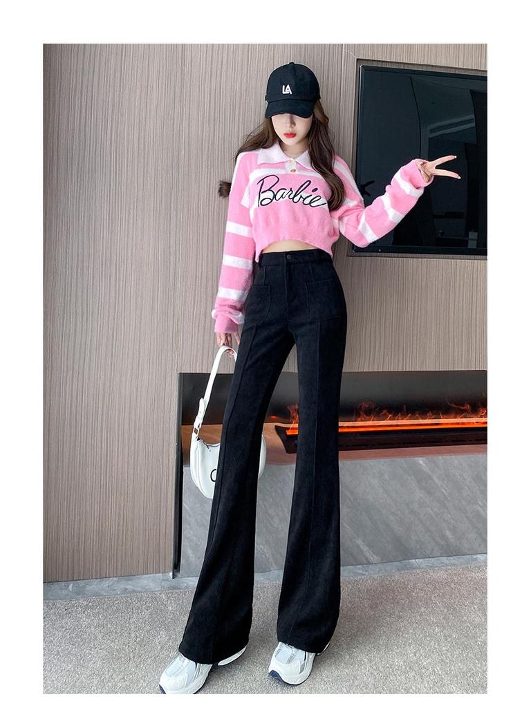 2024 Autumn/Winter High-Waist Corduroy Flared Pants: Plus Velvet, Thickened, Slimming, Casual Korean Style