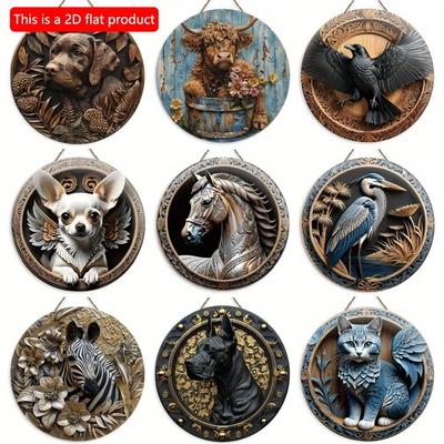 1 stuks 2d Platte Kat, Hond, Paard, Koe Kunst Logo Ronde Houten Decoratieve Cadeaus - 20cm, Geschikt voor Bar, Club, Huis, Koffieshop Wanddecoratie