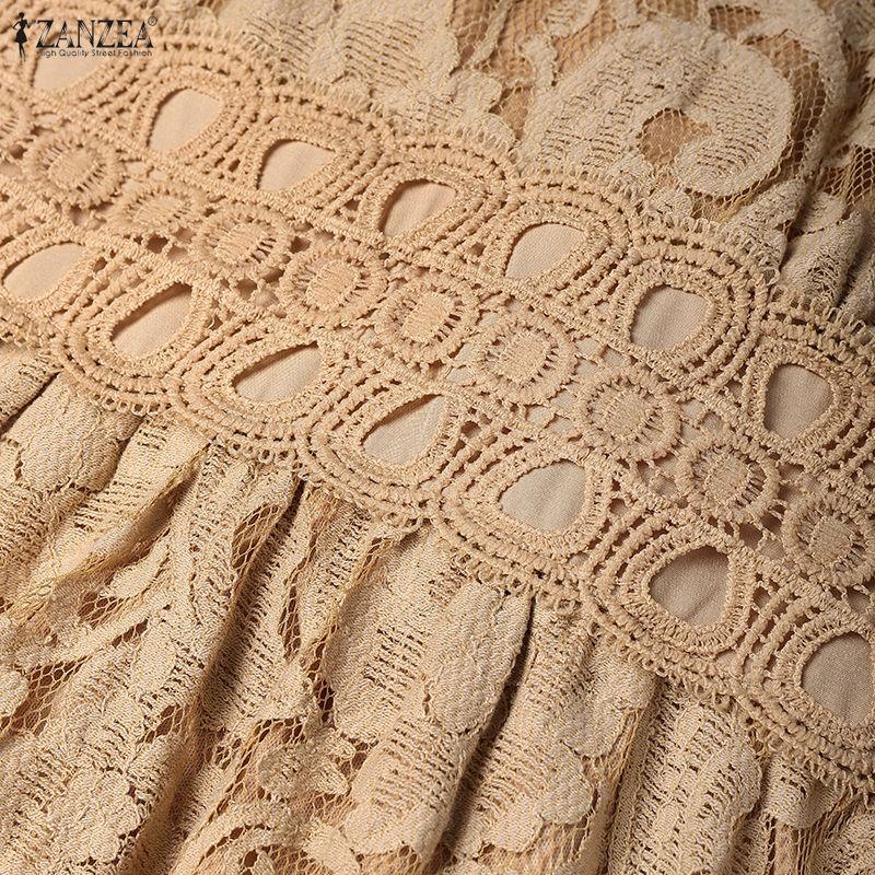 ZANZEA Women Casual Round Neck Long Sleeve Elegant Lace Crochet Patchwork Dress