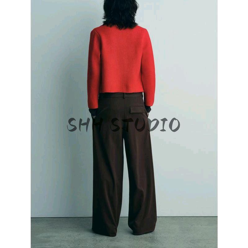 Spring New Arrival Red for Women Sweater Cardigan Lapel Long Sleeves Single Breasted Simple Knitting Outwear 2142001