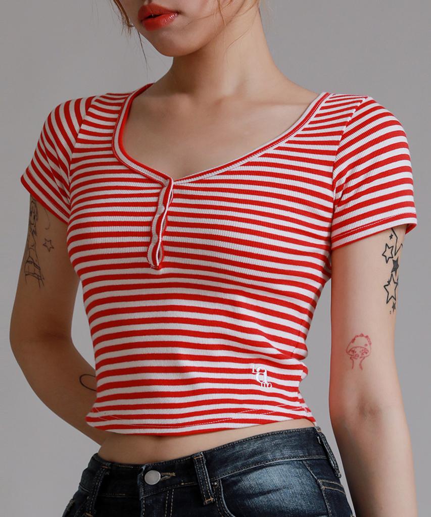 LIKE THE MOST Striped Henley Neck Half T-Shirt_Red