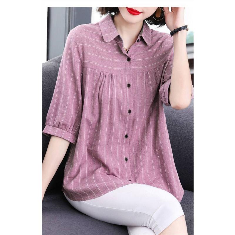 New Vertical Striped Five-quarter Sleeve Shirt Women's Loose Short-sleeved Shirt Summer Middle-aged Women's Top