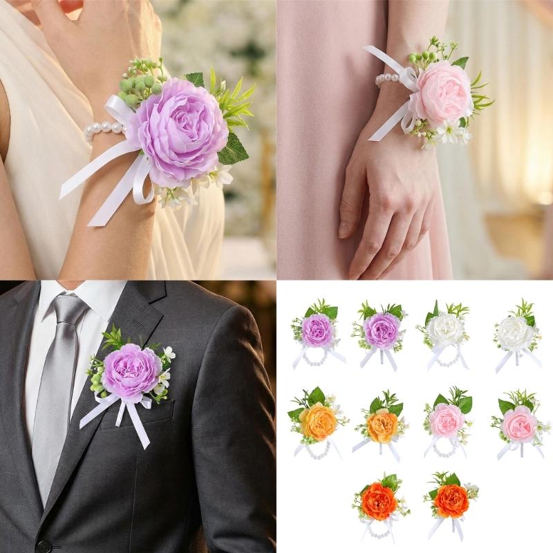 Simulated Rose Wrist Corsage Artificial Rose Wedding Boutonniere for Groom Bridesmaid Wedding Bridal Showers Proms