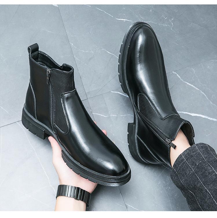Men's High-Top Plus Size Double Buckle Leather Boots - British Style, Slip-On, Martin Design, Autumn Winter Collection