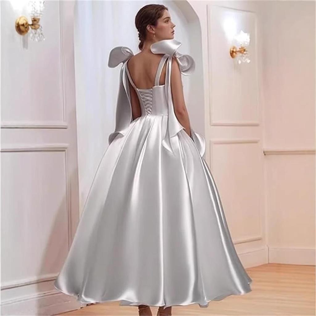 Elegant One-Shoulder Cross-Body Light Wedding Dress with Lace-Up Back and Puffy Skirt