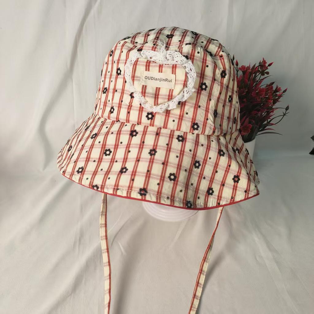 Sweet Love Small Flower Plaid Fisherman Hat Children's New Summer Outdoor Versatile Sunshade Sun Hat