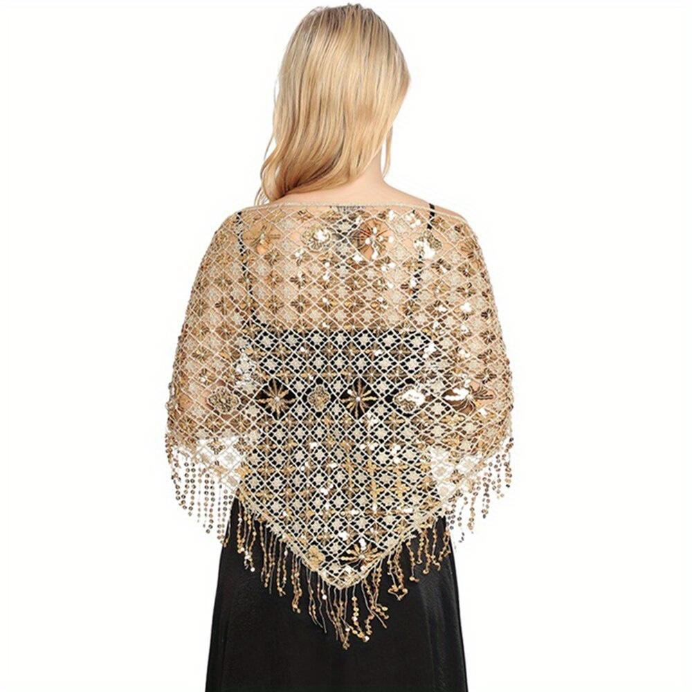 Hollow Triangle Sequin Lace Shawl Bridal Wedding Women Luxury Party Wrap Female Shiny Glitter Stole Club Scarf with Tassel