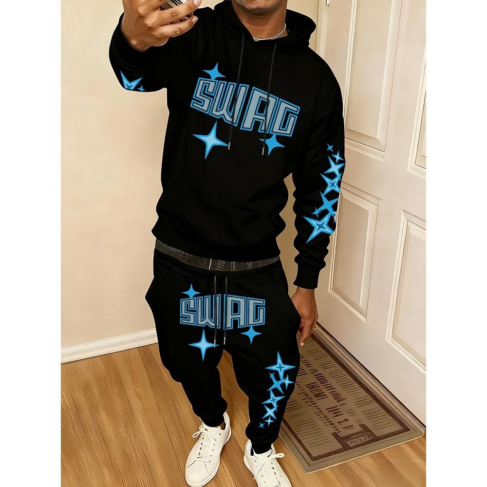 Set Felpa con Cappuccio e Tasca a Coulisse con Stampa di Lettere da Uomo e Pantaloni Sportivi da Esterno a Coulisse Essenziale per Mantenersi al Caldo in Primavera e Autunno