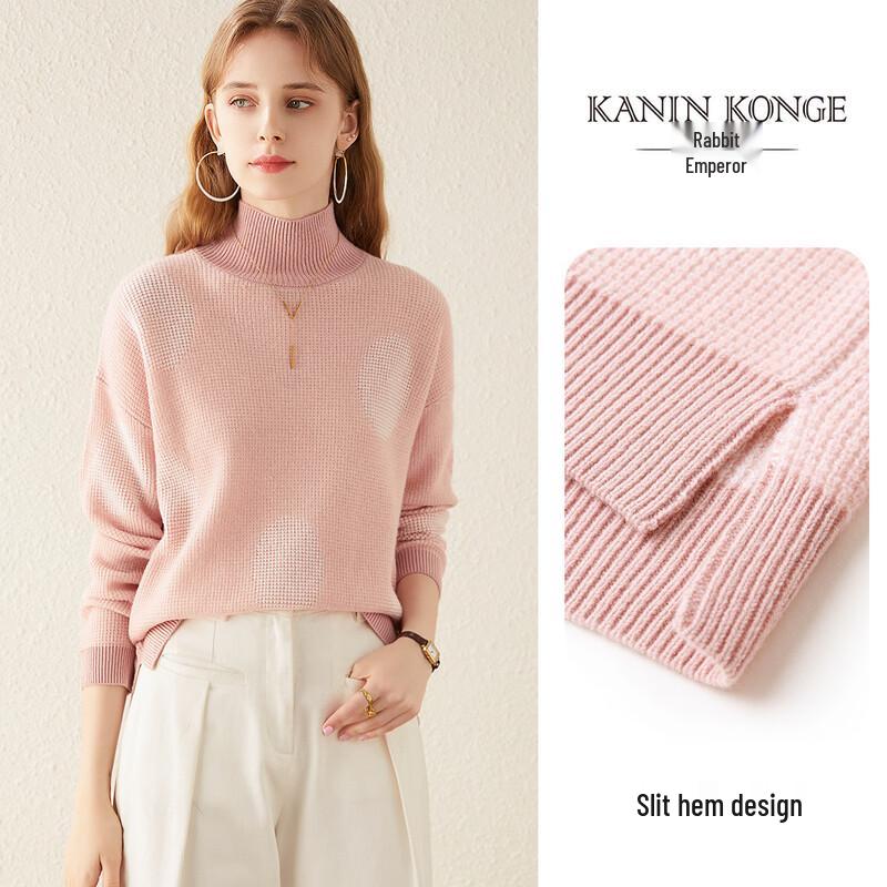 TUHUANG Women's Thickened Pure Wool Color-Block Semi-High Collar Knit Sweater