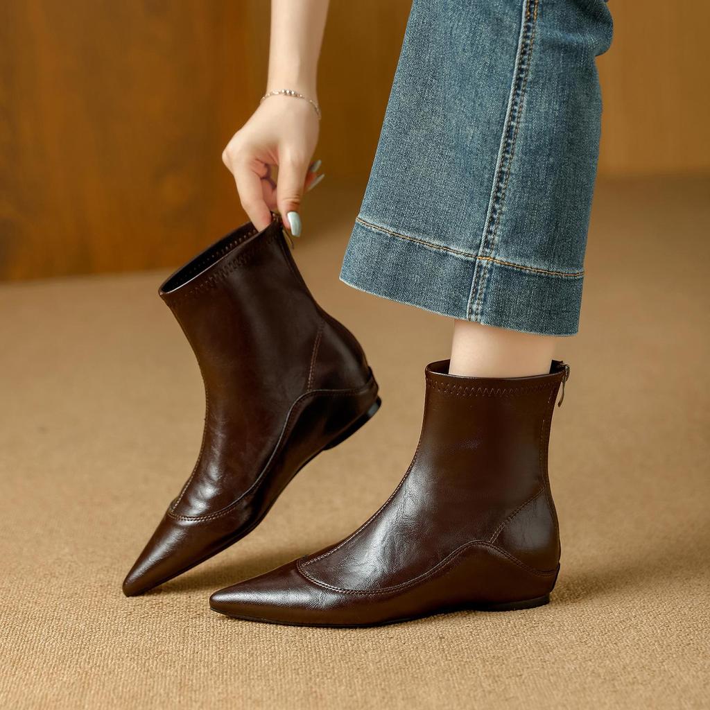 French Stretch Slimming Boots: Autumn/Winter Fleece-lined, Retro Style, Soft Leather, Inner Height Increase, Back Zipper Short Boots