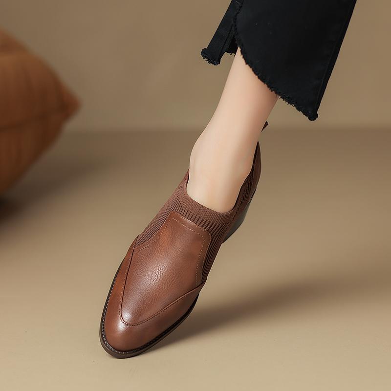 2024 New Genuine Leather Top Quality Retro Shoes Woman Spring Slip On Dress Black Round Toe Ladies Loafers High Heel Shoes