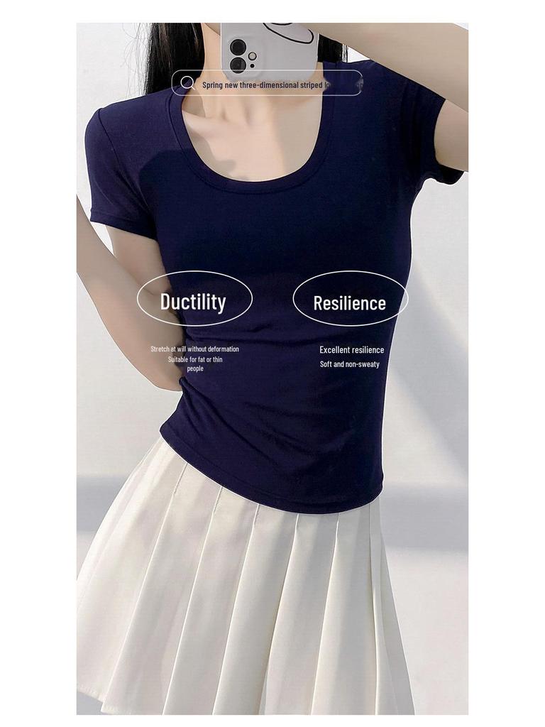 Women's Summer Slim Fit Pink U-Neck T-Shirt - Versatile & Stylish Short Sleeve Top