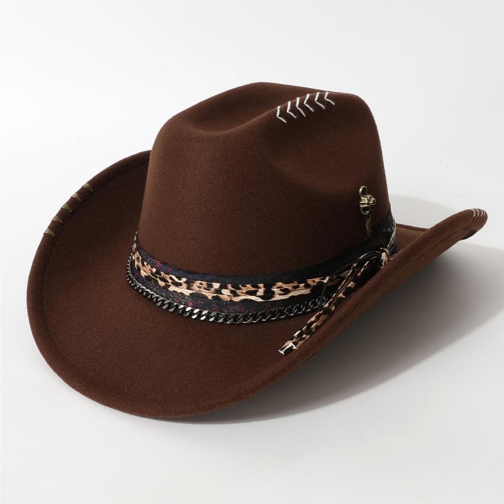 Popular women's flat-top woolen hat, western cowboy hat with hand-embroidered skull and metal decoration, versatile