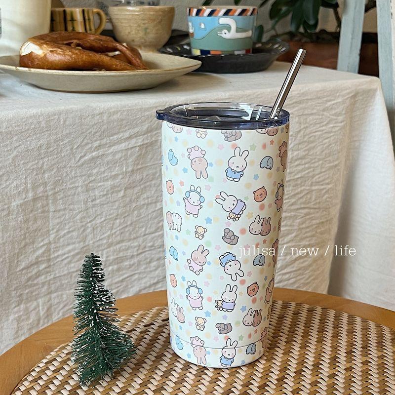 

Original~Graffiti Illustration of Cute Little Rabbit, Large-Capacity Thermos Cup, Portable 304 Straw Cup, Dual-Use for Keeping Warm and Cold Rainbow Star Bunny (Thermos Cup Comes with Straw)
