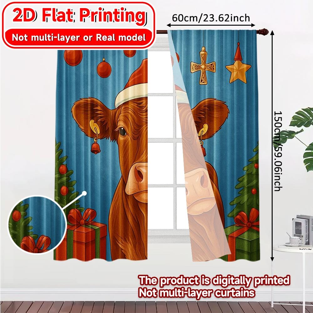 Set Of 2 Flat Printing Curtains Without Rod Festive Cow Digital Holiday Polyester Use Made
