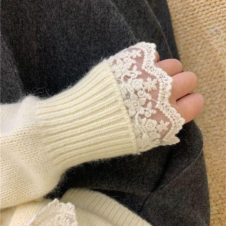 Lace and Pearl Cardigan Women's Bow Knitted Cardigan Loose Sweater for Autumn and Winter Long-sleeved Top Coat