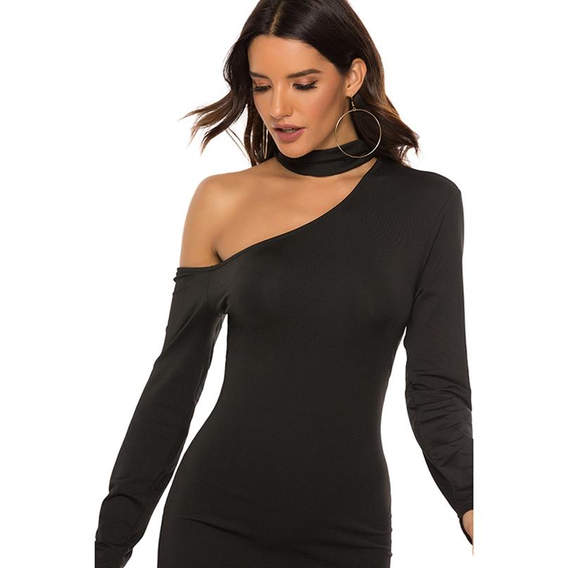 Women Fashion Nightclub Dress Party Slanting Shoulder Dress Sexy Long Sleeve Dress