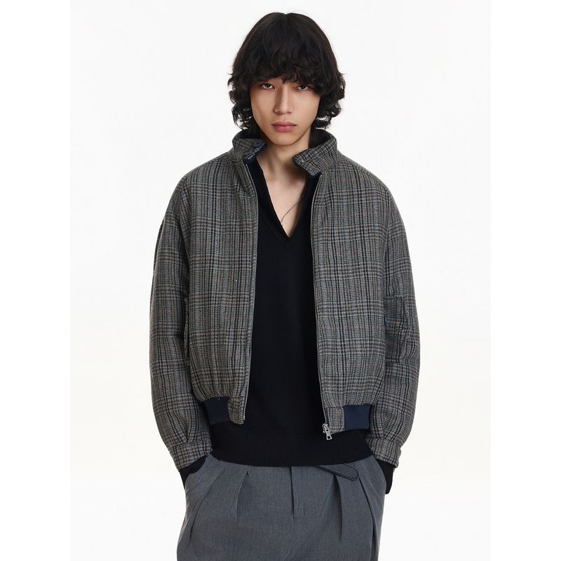 Blaexit Old Money Style Houndstooth Harrington Wool Jacket Men's Thickened Autumn and Winter Short Cotton Coat