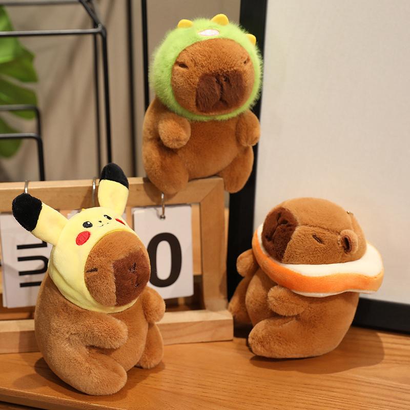 12cm Kawaii Anime Capybara Plushies With Pikachu Stitch Lucifer Cat Hat Doll Stuffed Animals Capybara Plushies Girl Toys