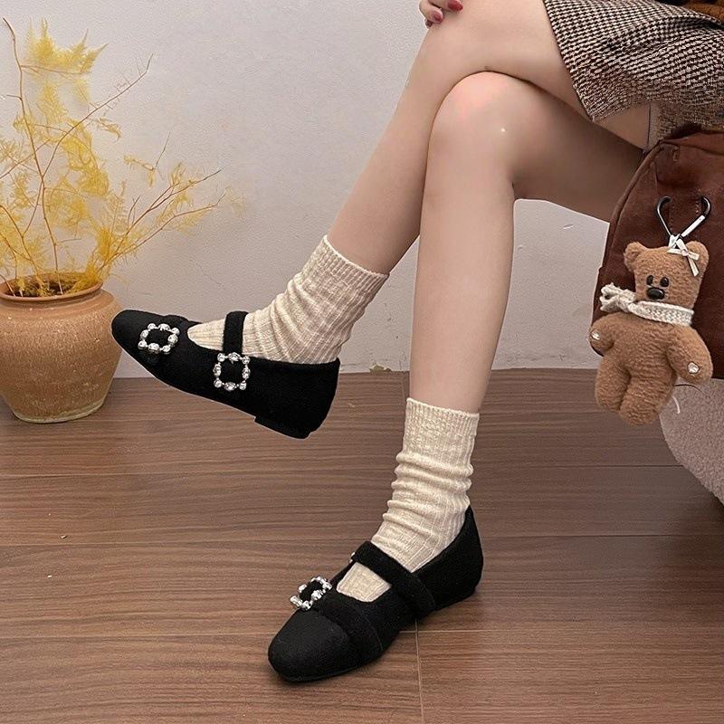 

First encounter French rhinestone Mary Jane Mao shoes 2025 new winter low heel inner height increase velvet gray hair 40 чорний