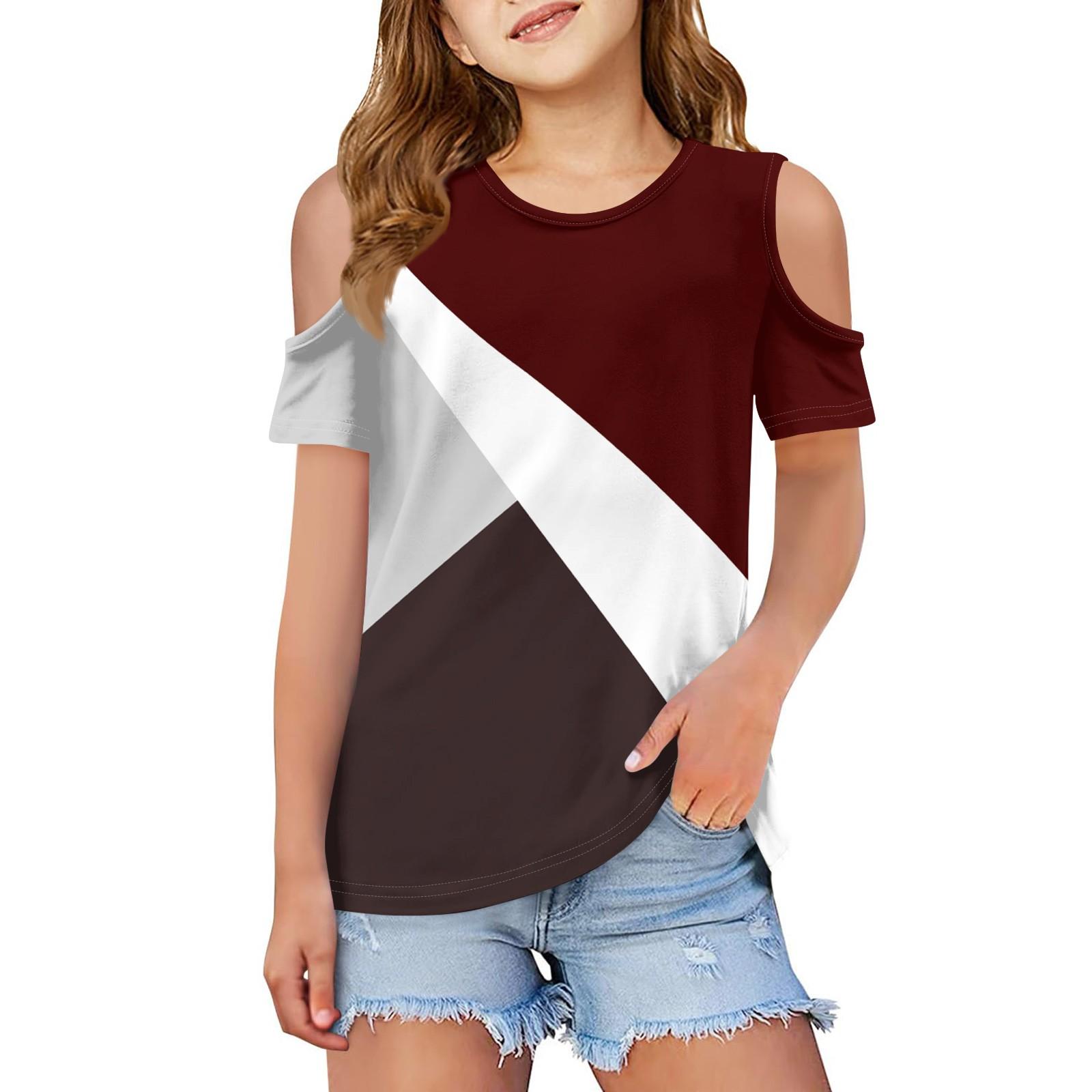 

Детская летняя модная футболка с круглым воротником и принтом на плечах для отдыха 100 винный