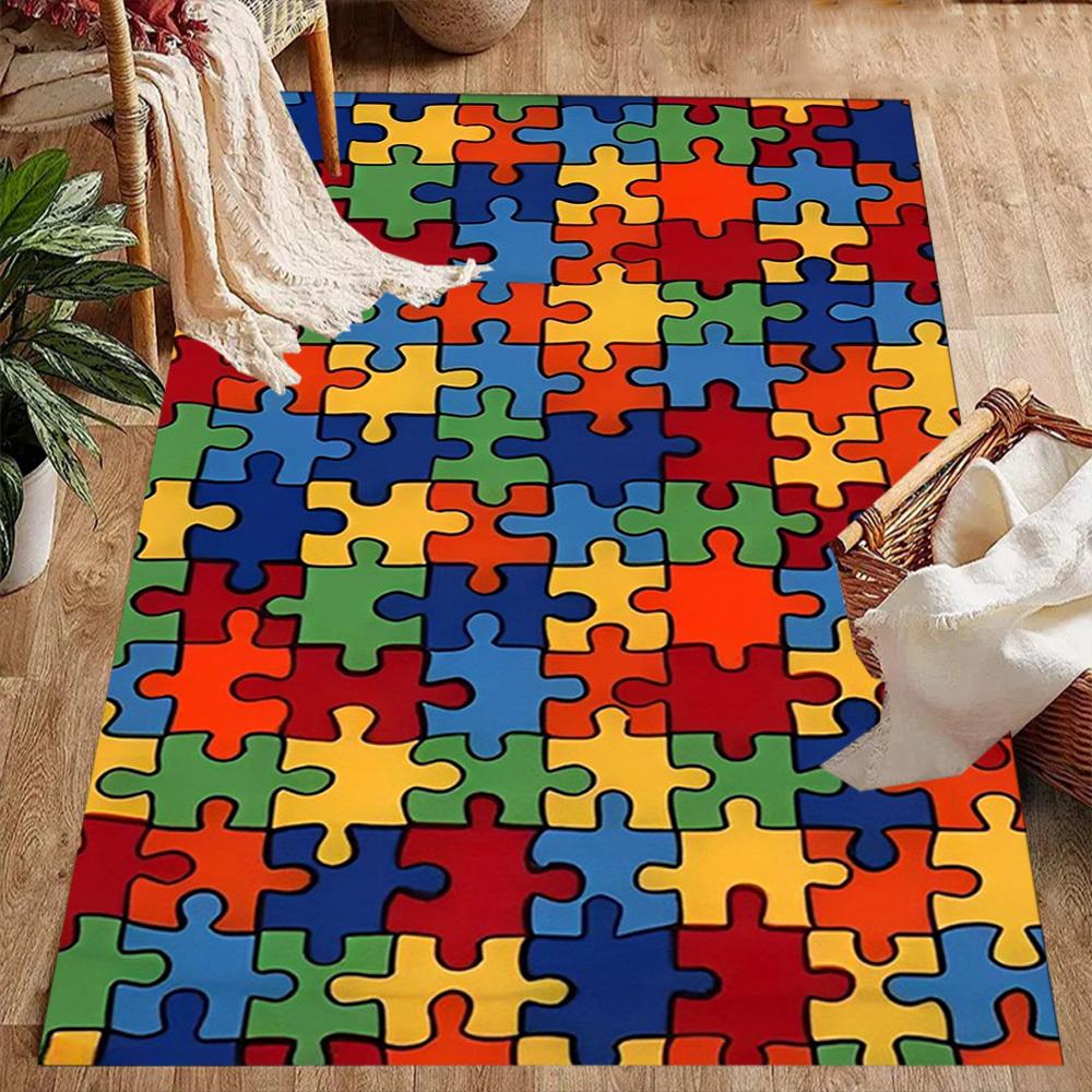 1pc Autism Awareness Puzzle Pattern Commercial Anti-Slip Rug Non-Slip Home Carpet Design for Office Decor Living Room Bedroom Gift T29