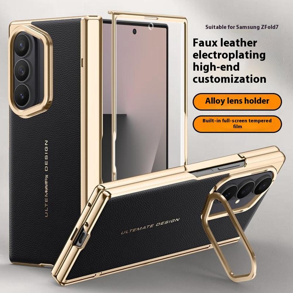 For Samsung Galaxy Z Fold7 5G Case Leather+PC Electroplated Phone Cover with HD Tempered Glass Film,Lens Kickstand