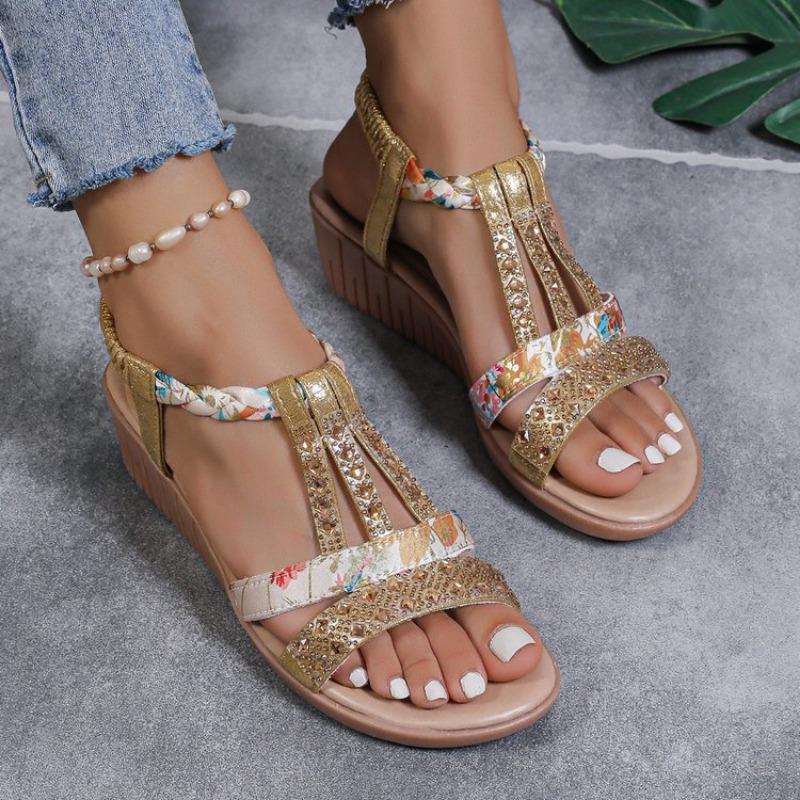 Large Size Wedge Heel Sandals Women's Summer Rhinestone Sequined Wind Sandals Women
