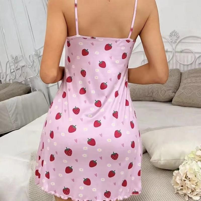 Women's Pajamas Summer Sleeveless Camisole Nightdress Milk Silk Fabric Floral Strawberry Print Sexy Adult Pajamas Dress