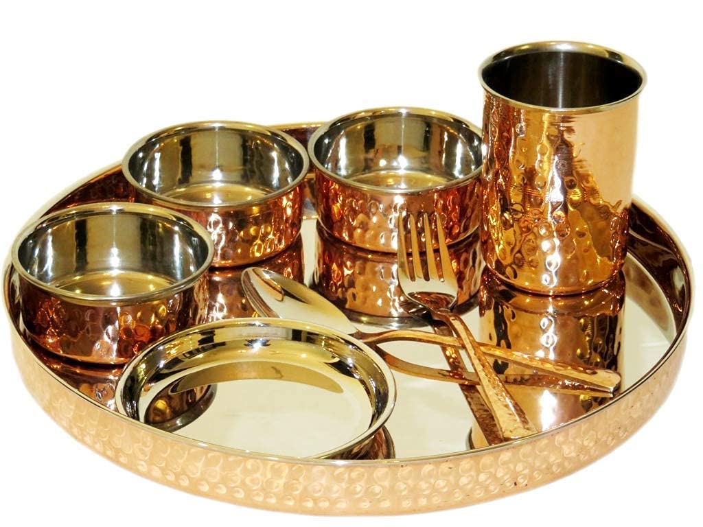 Copper Traditional Dinner Set of Plate, Bowls, Fork, Glass Spoon , Diameter 13 Inch Stainless Steel Copperware Thali (Set of 8 pieces)