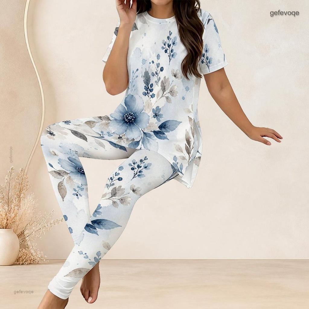 Women Plus Size Two Piece Suit Crew Neck Short Sleeve Shirt Long Pants