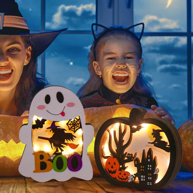 2Pcs Wooden Ghostly Pumpkin Night Light Halloween Wood LED Lamp Desk Decoration For Mantels Tabletop Holiday Decoration