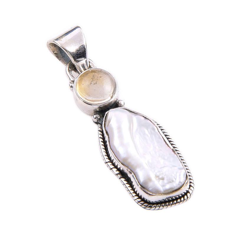 Natural Biwa Pearl,Citrine Gemstone 925 Solid Sterling Silver Pendant 1.50" w5F21