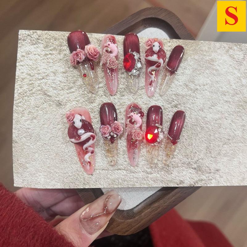 10Pcs Handmade Stiletto Nails Full Cover Lucky Snake Rhinestone Rose Wearable Artificial Almond Acrylic Manicure for Women&Girls