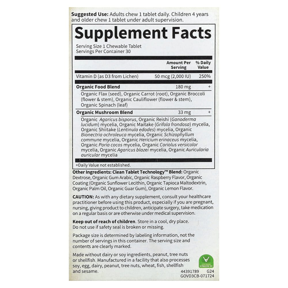 Garden of Life MyKind Organics Vegan D3 Raspberry-Lemon 50mcg (2000IU) Chewable Veggie Tablets, 30 Count