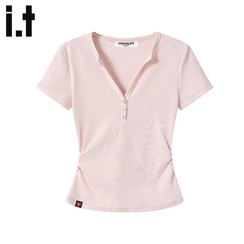 Women s V-Neck Button Detail Slim Fit T-Shirt S розовый