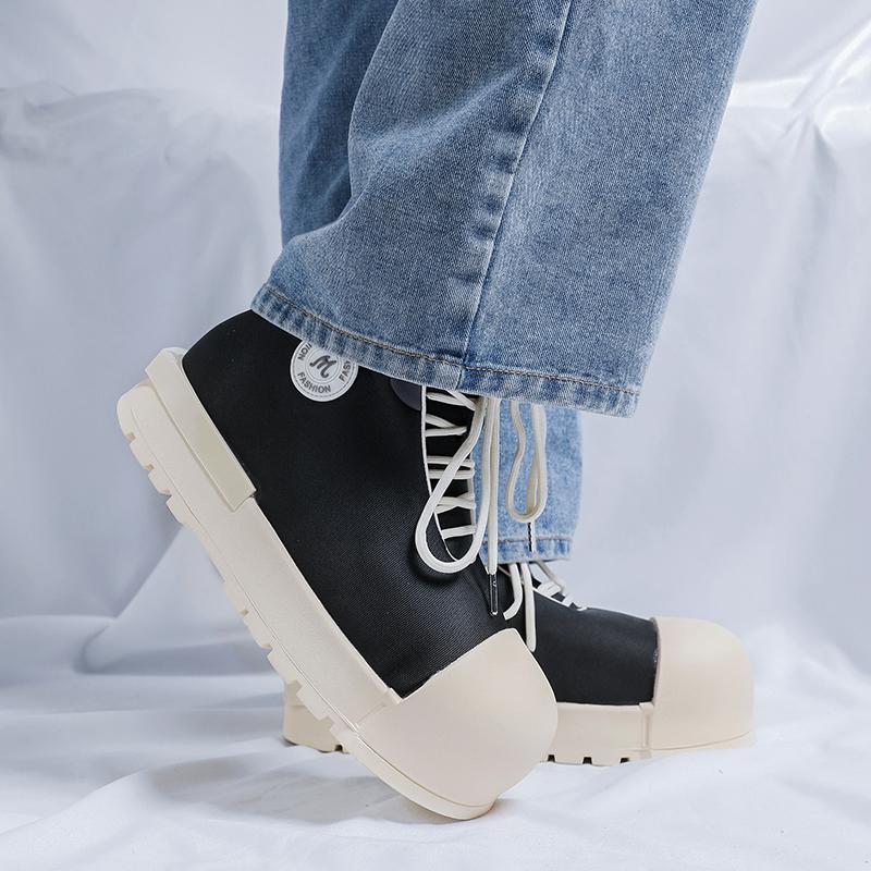 Fashion British Style Men Genuine Leather High Top Shoes Casual Slip-On Thick Bottom Shoes Outdoor Soft Bottom Round Toe Vulcanized Shoe