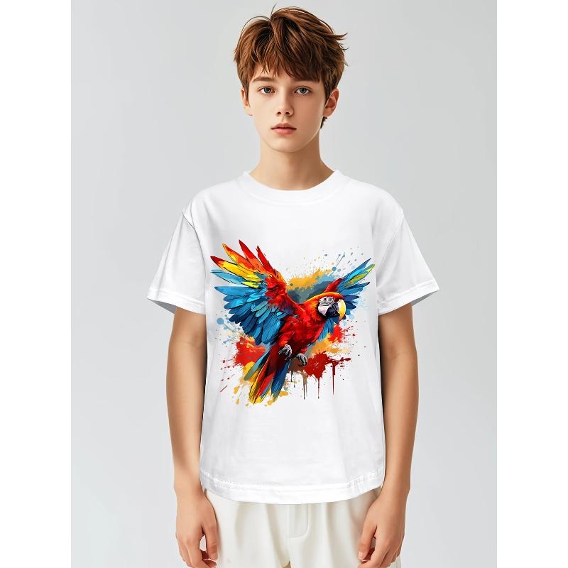 Children Crew Neck Short Sleeve T-Shirt with Watercolor Parrot Print
