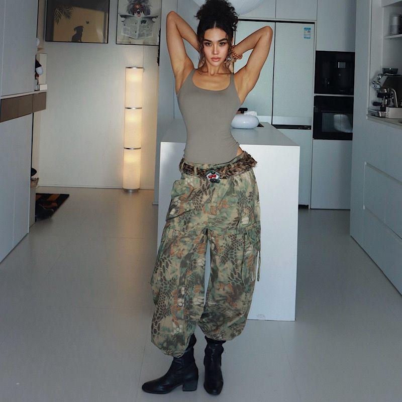 [Western Style] Gyaru Crocodile Color Overalls Women High Waist Slimming Straight Wide Leg Casual Pants