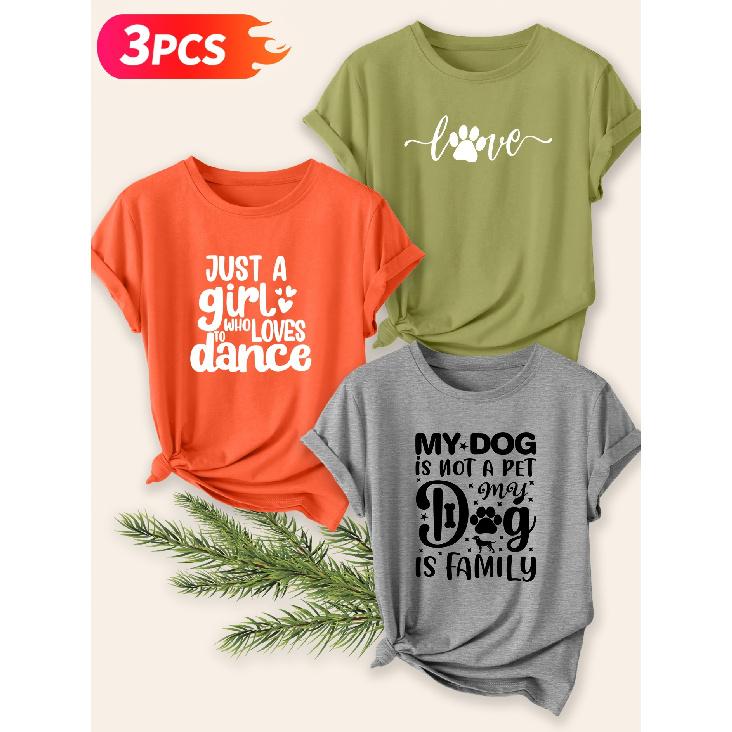 Three-piece set Elegant short-sleeved shirt for women Pet Care and Hobby Themed Printed Round Neck Women's Top T Shirt Suitable for spring