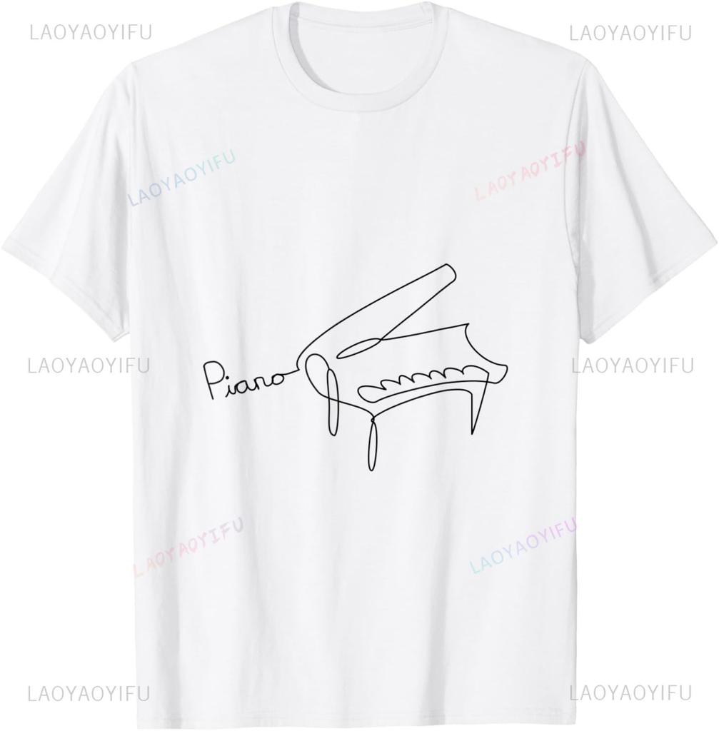 Pianist Design One-Line Grand Piano T-Shirt  Unisex Summer Streetwear Tops Customizable Funny Shirt Camiseta Hombre