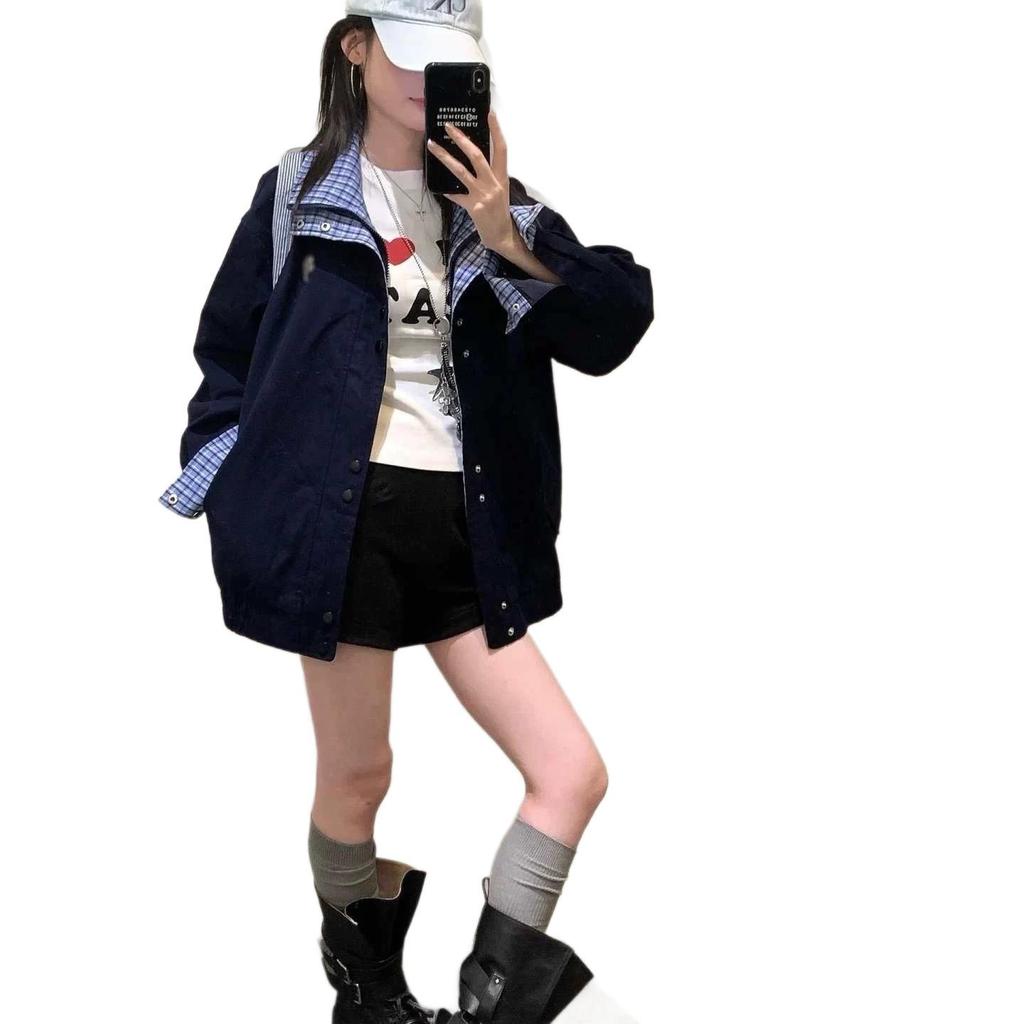 Women's Retro Plaid Patchwork Color Block Jacket - Trendy Loose Fit for Spring/Autumn