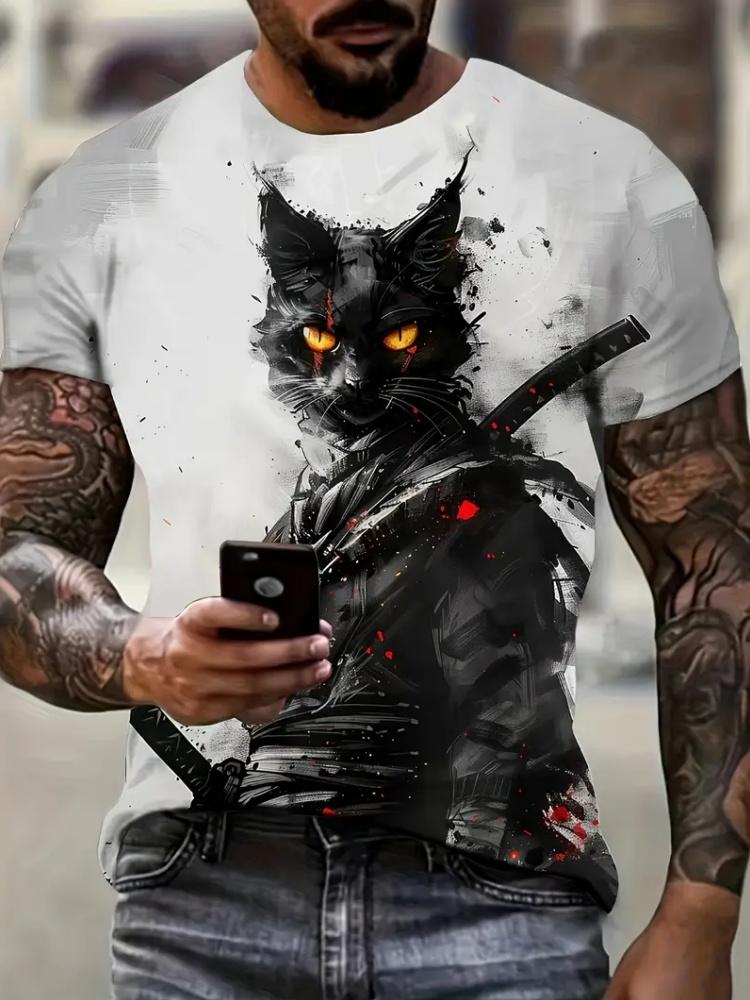 Men T-Shirt Digital Cat Doing Print Summer Round Neck Funny Taekwondo Graphic T Shirts Street Short Sleeve Tee Men's Clothing