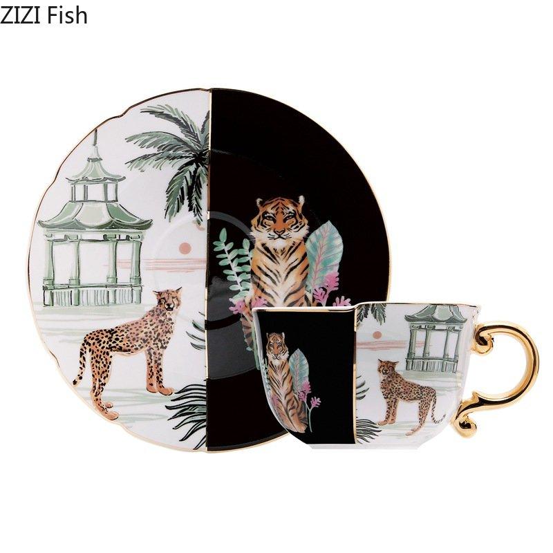 Watercolor Tiger and Leopard Ceramic Cups Gold-plated Coffee Cup Painted Mugs Afternoon Tea Teacup Milk Fruit Juice Container