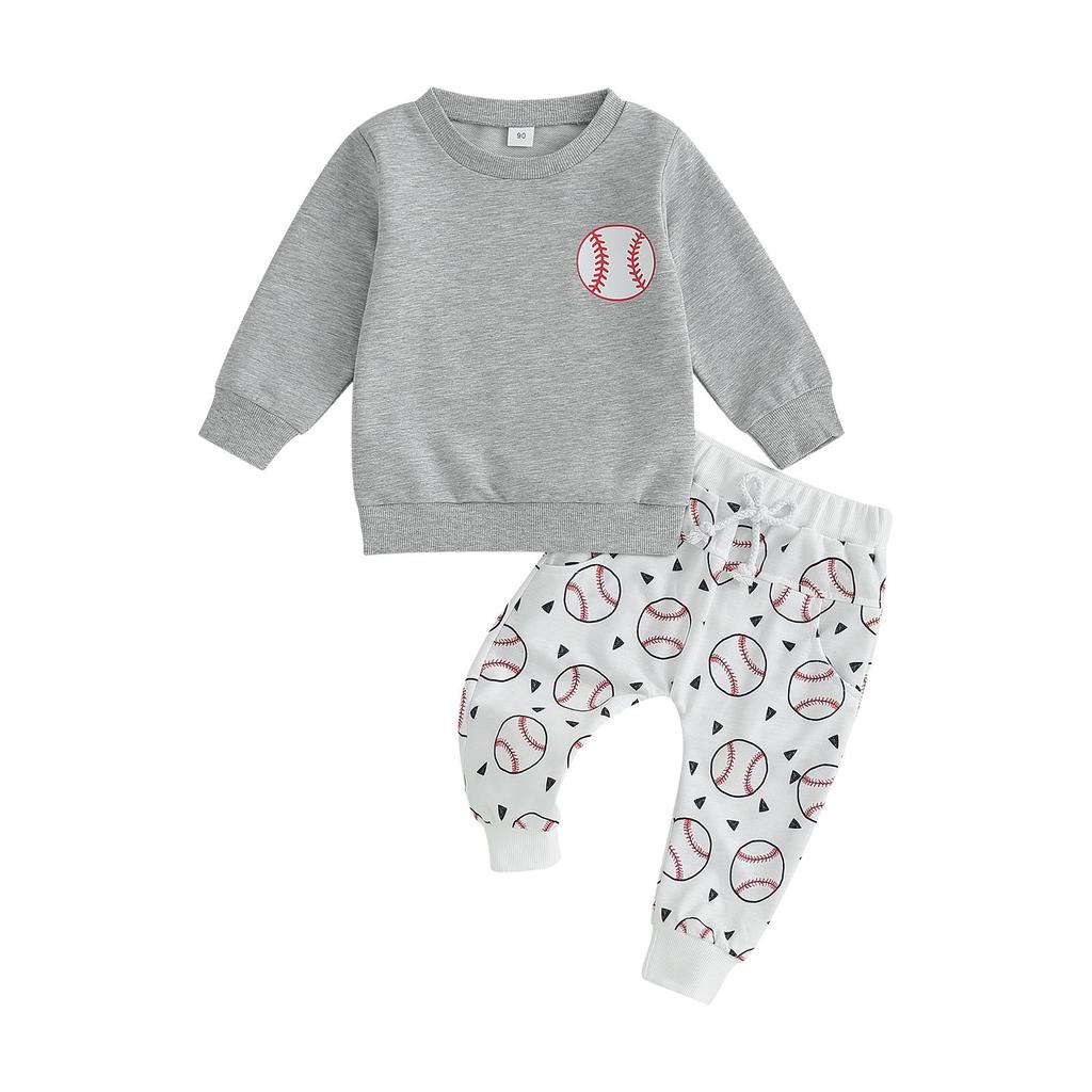 Kids Boys Fall Outfits 12M 18M 24M 3Y 4Y 5Y Baseball Print Crew Neck Long Sleeve Sweatshirts and Elastic Waist Long Pants 2Pcs Clothes Set