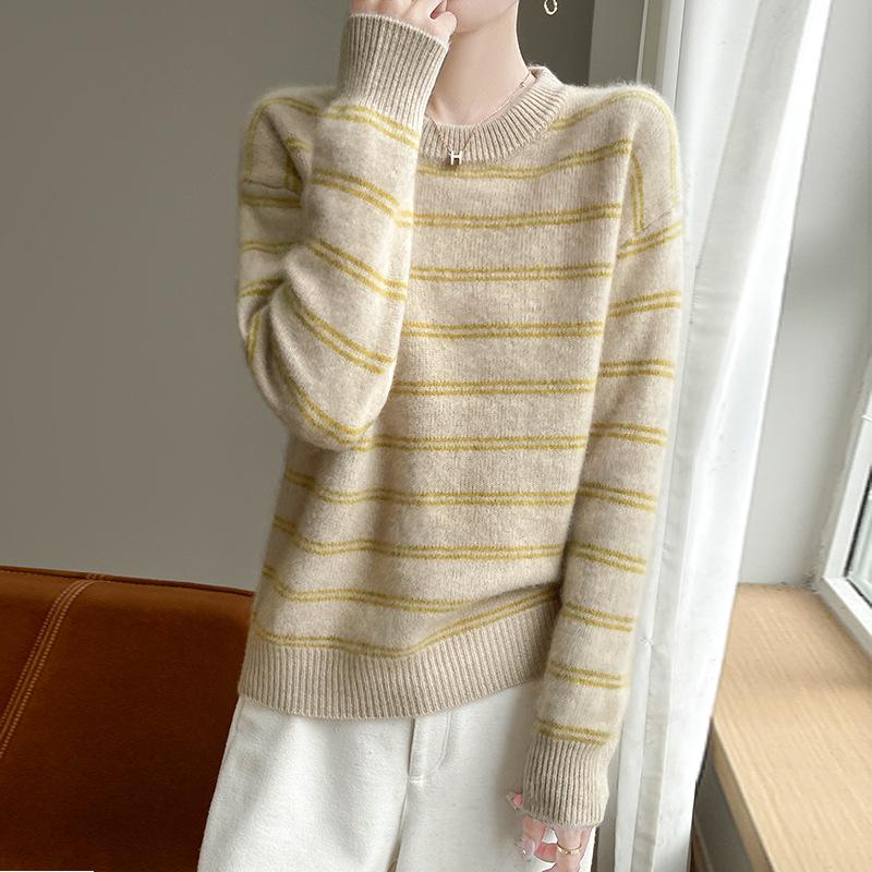 Updated Round Neck Pure Wool Seven-pin Thick Striped Wool Sweater for Womens Design Lazy Temperament and Versatile Top XXL жёлтый