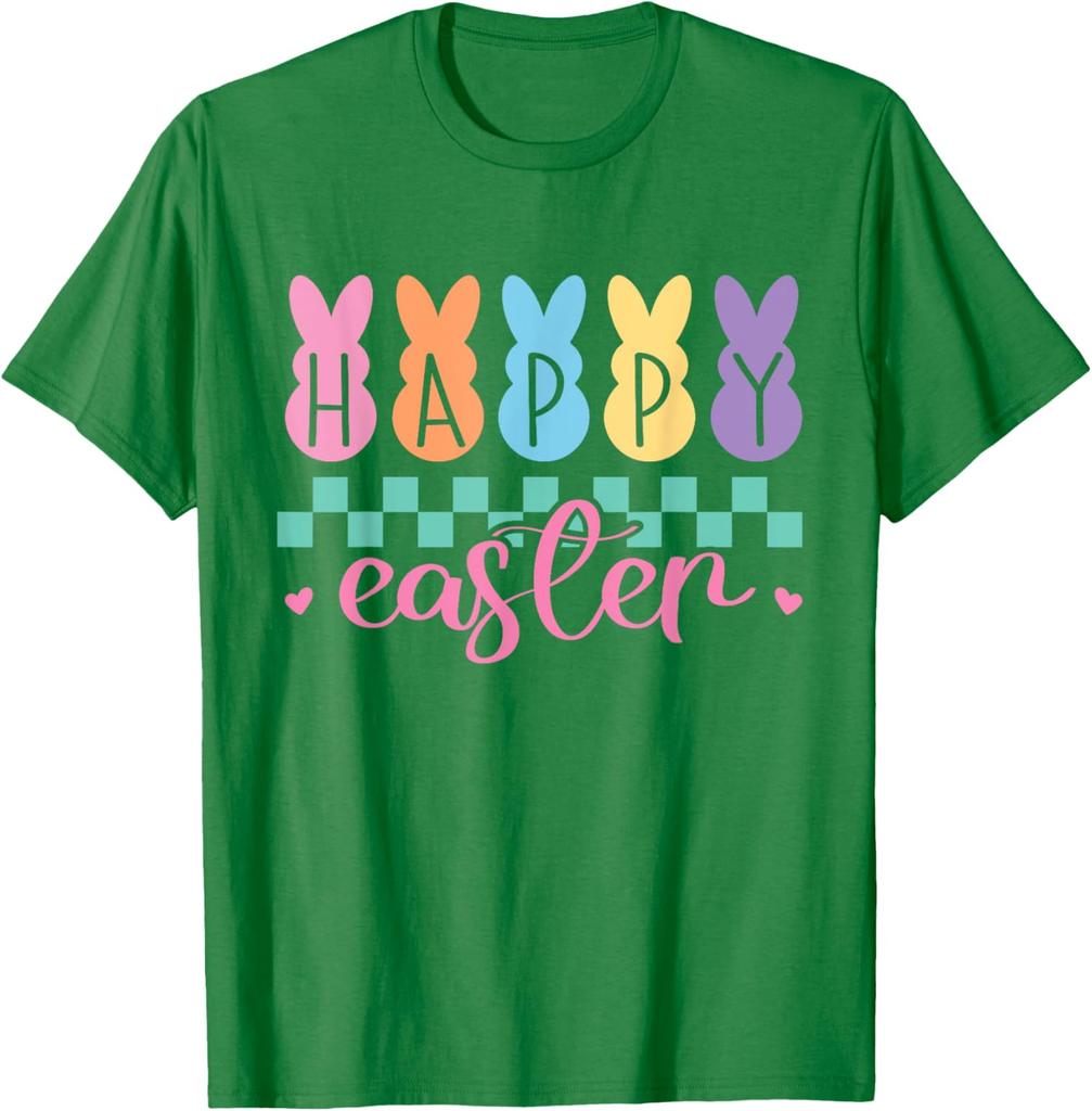 Happy Easter Bunny Graphic Tee Pastel Checkered Print Casual Short Sleeve T-Shirt