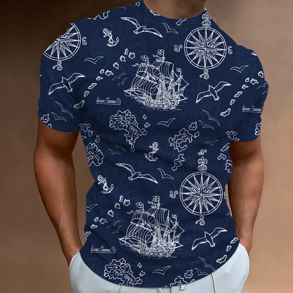 Ny T-skjorte 3D-trykket Nautisk Mønster Sommer Herre Klassisk Vintage T-skjorte Topp Herre Casual Oversized Rund Hals T-skjorte