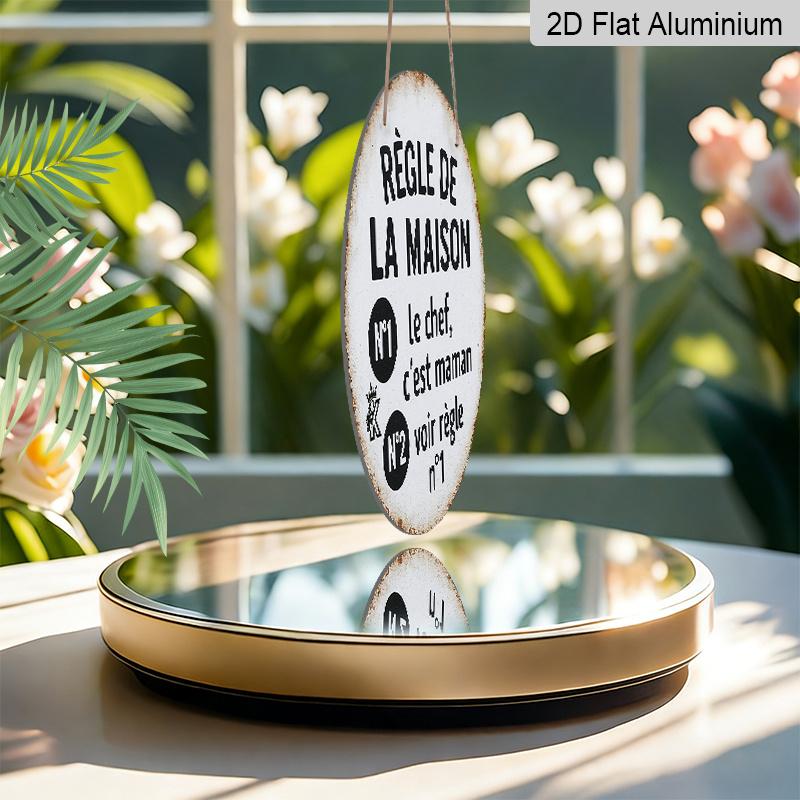 2D Flat, 1pc Round Aluminum Hanging Sign, French "Regle De La Maison" - Mom Is The BossFunny Mom Rule Design, Retro Distressed Home Metal Sign