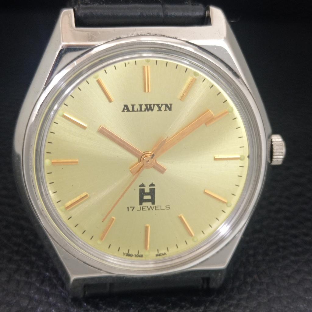 ALLWYN HANDAUFZUG VINTAGE 6300A INDISCHES HERREN GOLDFARBENES ZIFFERBLATT UHR a703966-1